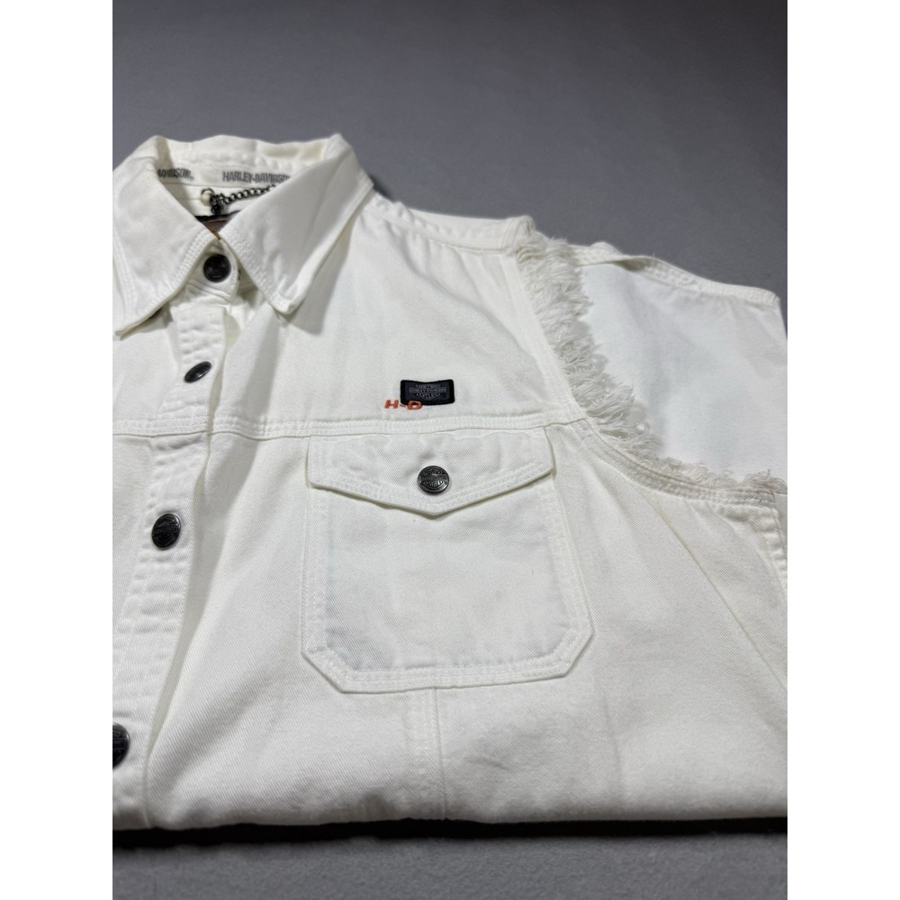100% Cotton Harley Davidson Embroidered Women's White Cut Off Vest Size L Moto - Picture 10 of 10